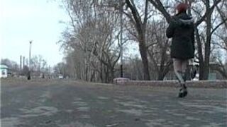 Redhead student sucks on the banks of the river for all to see - porn video